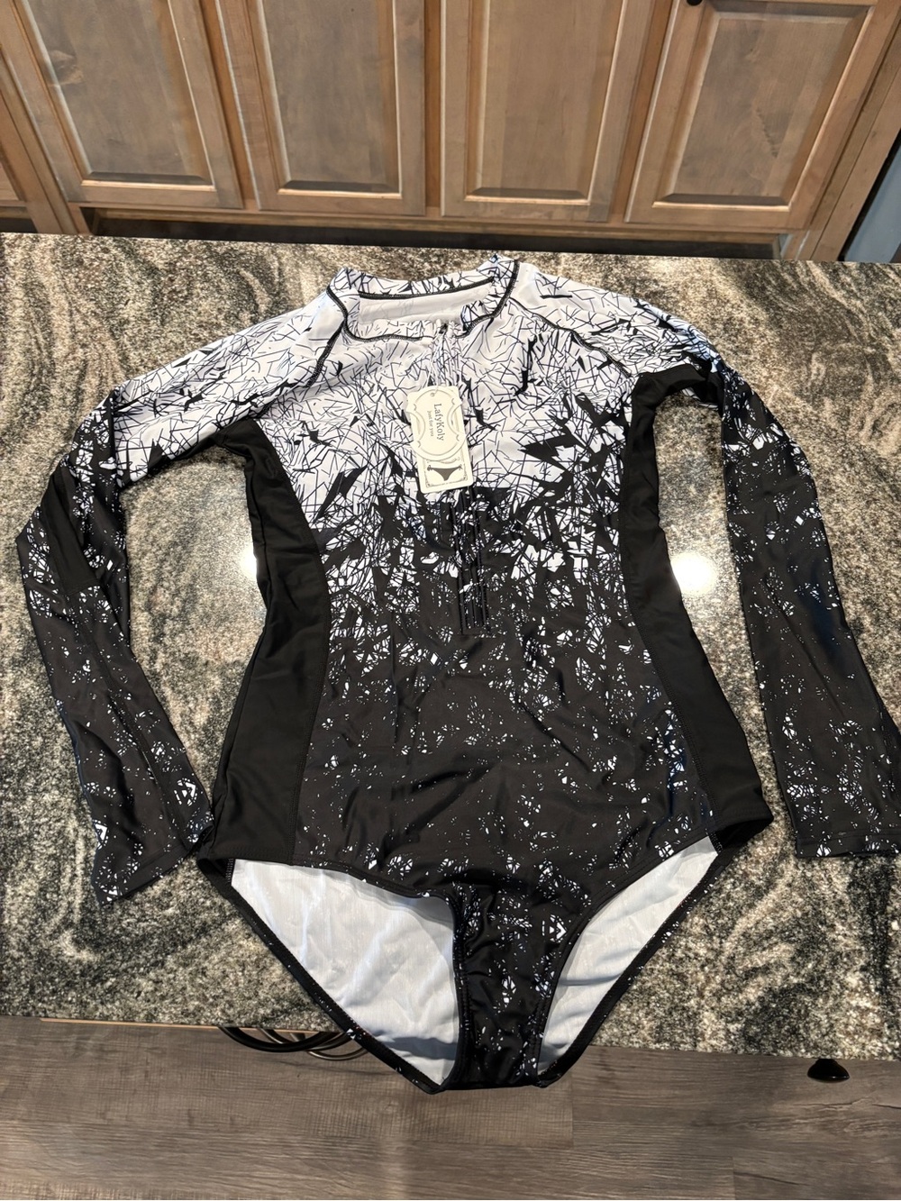 Black & White Long-Sleeve One-Piece Swimsuit